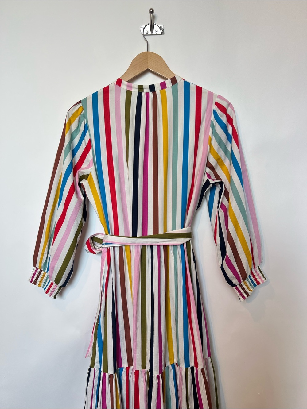 Boden Alba Rainbow Stripe Cotton Tiered Maxi Dress Belted Vertical Stripe US8 - Picture 9 of 16